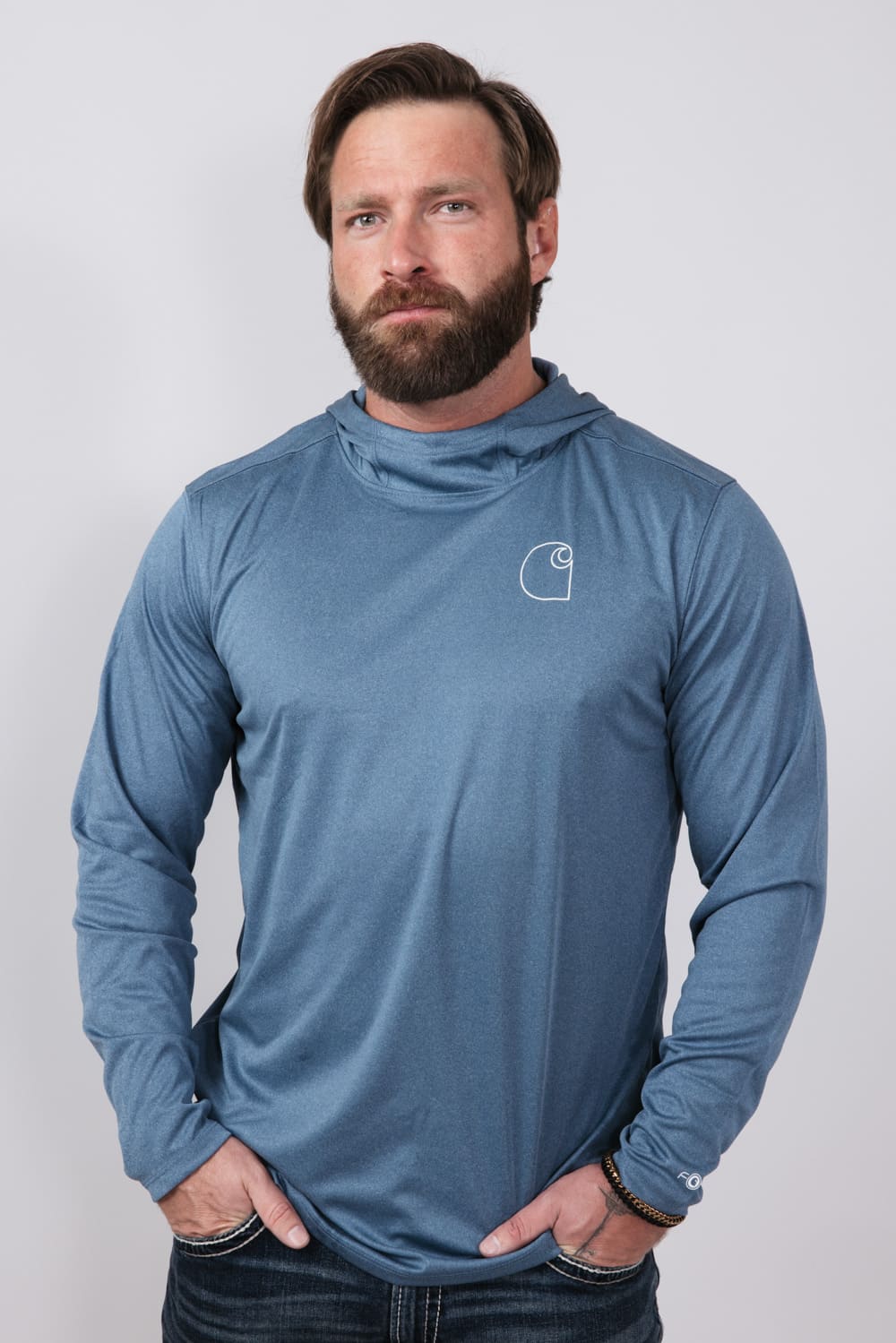 Carhartt Force Sun Lightweight Logo Long Sleeve Hooded Graphic T-Shirt for Men in Blue
