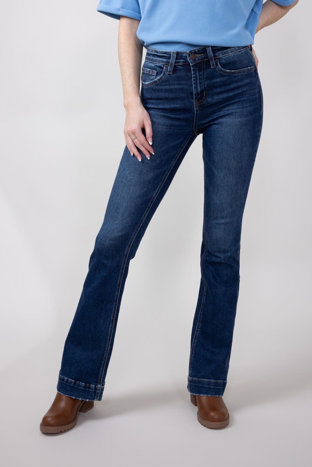 Vervet High Rise Dark Wash Trousers Hem Bootcut Jeans for Women
