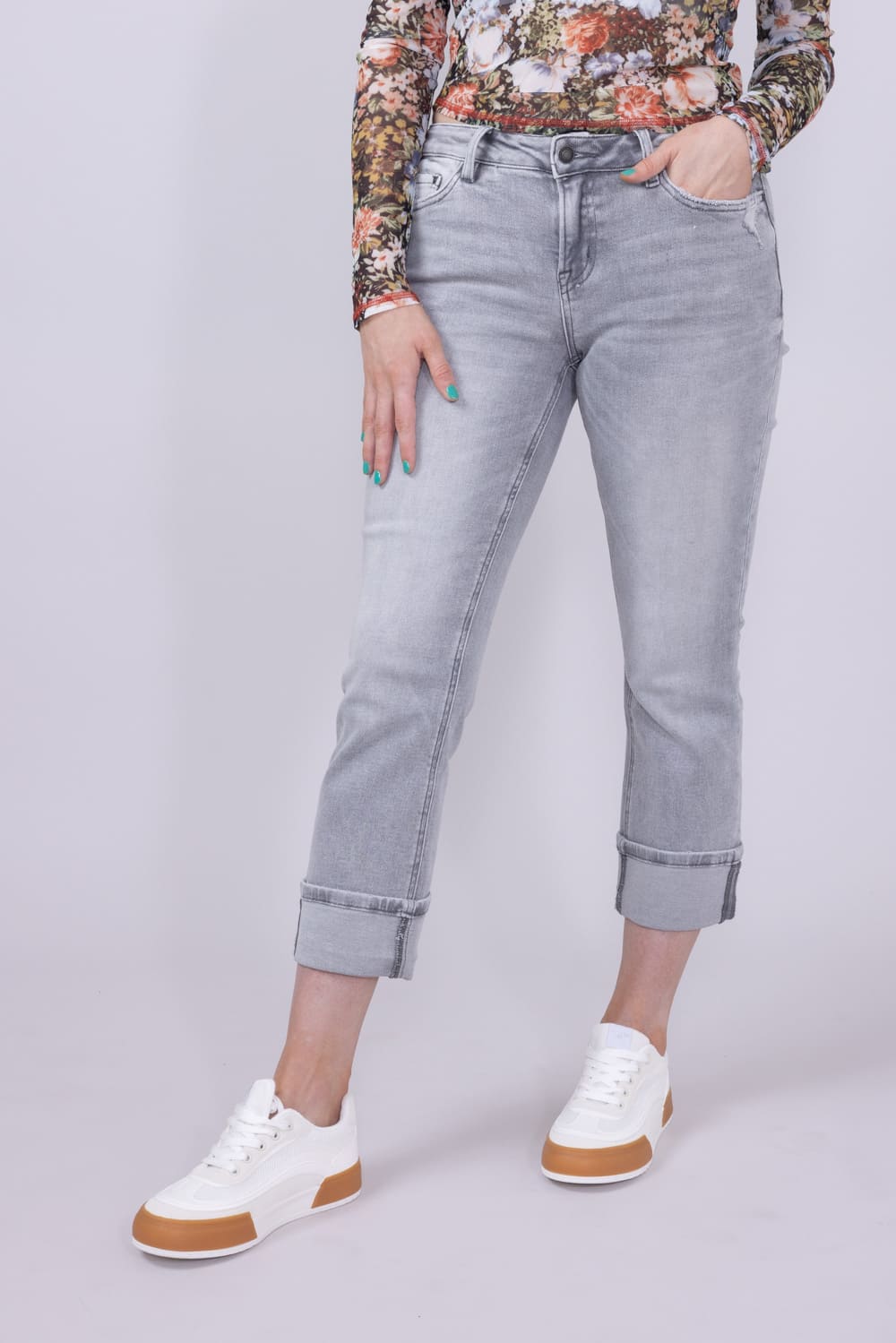 Mica Mid Rise Cuffed Straight Jeans for Women in Grey