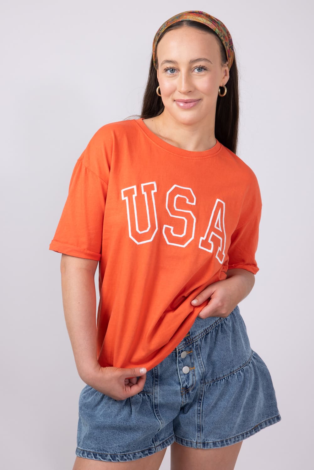 C&C California Melissa Sunwashed USA Girlfriend T-Shirt for Women in Red Orange | 89A03008A-RED