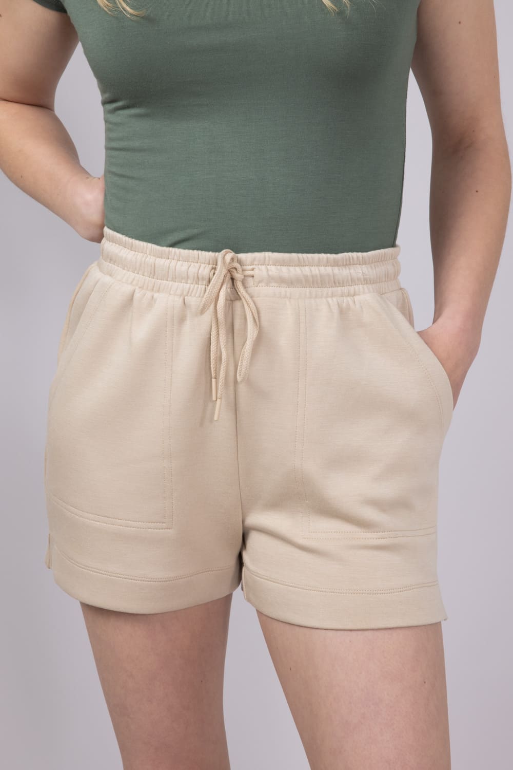 Love Tree Drawstring Scuba Knit Lounge Shorts for Women in Khaki