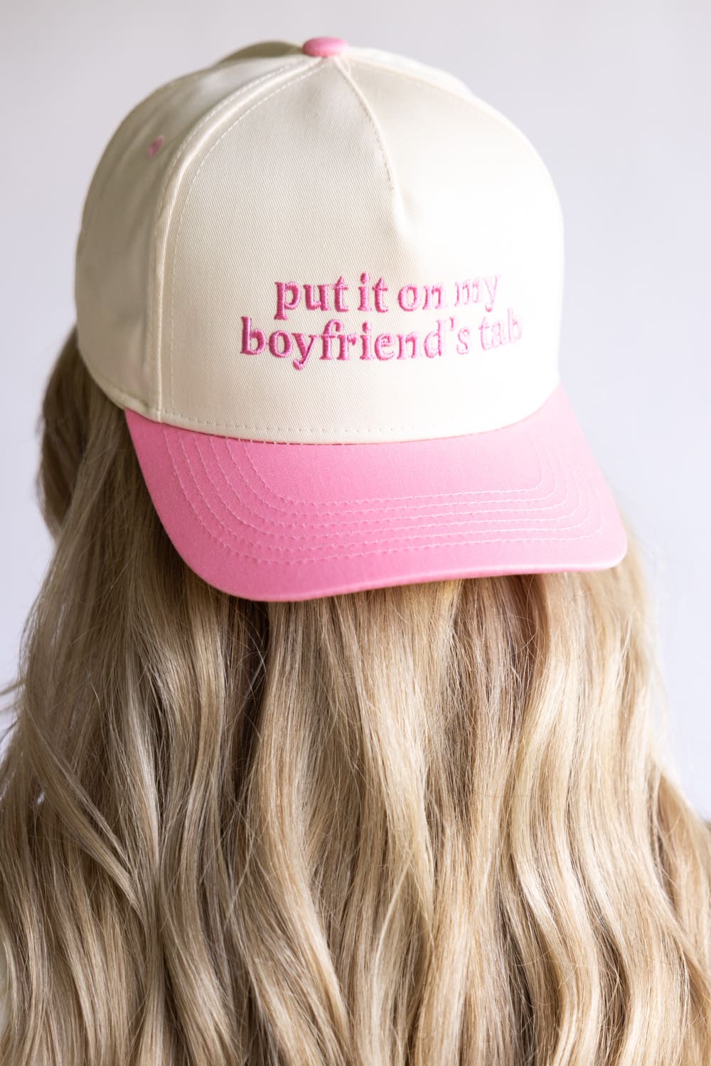 Put It On My Boyfriend’s Tab Trucker Hat for Women in Pink/Tan