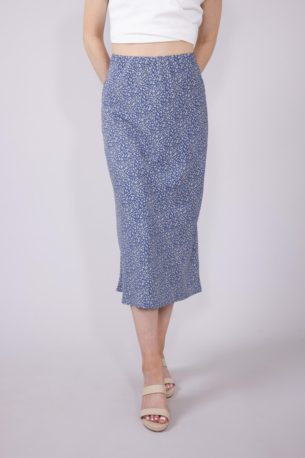 Ditsy Floral Midi Skirt for Women in Dusty Blue