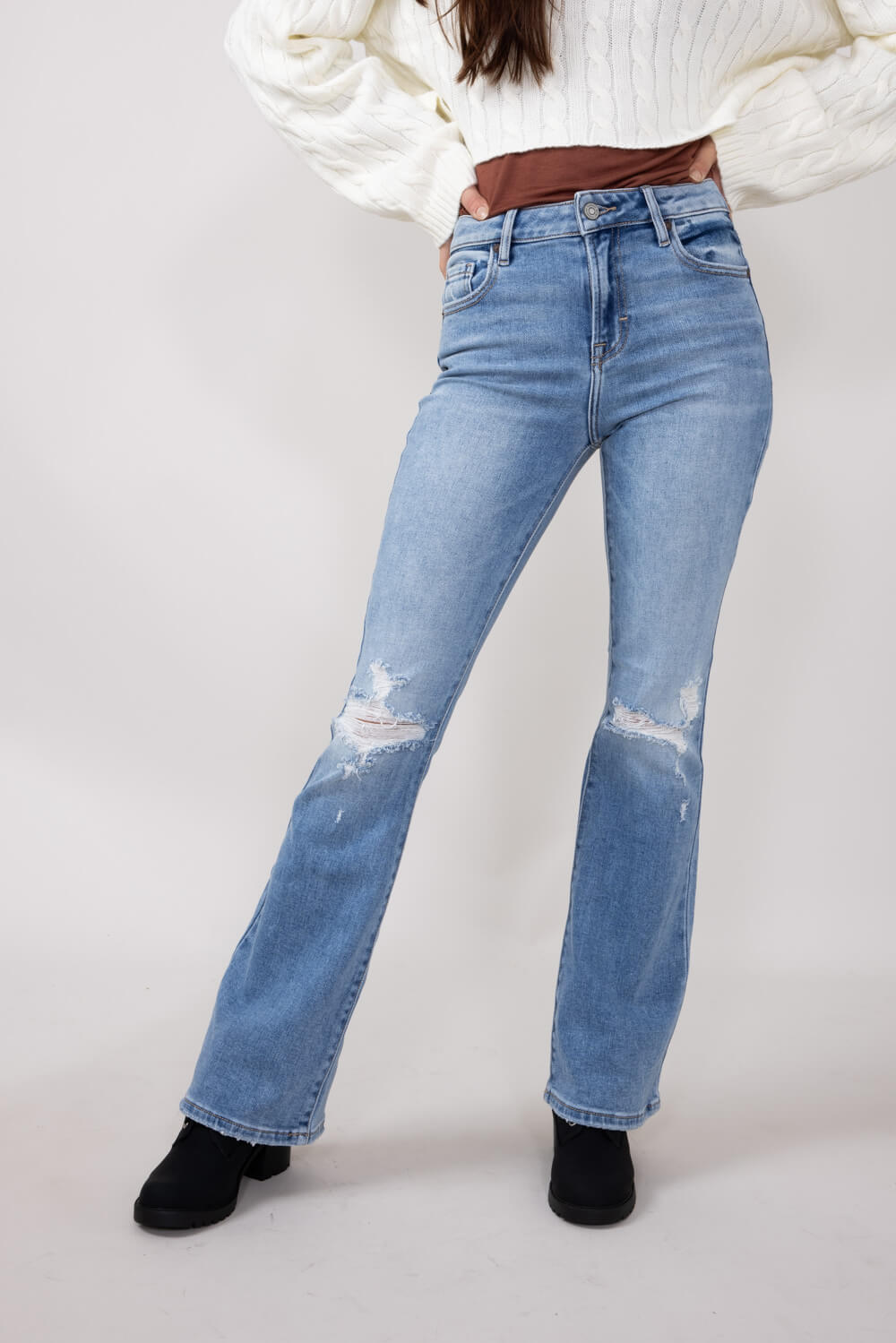 Hidden High Rise Flare Distressed Jeans for Women in Medium Wash