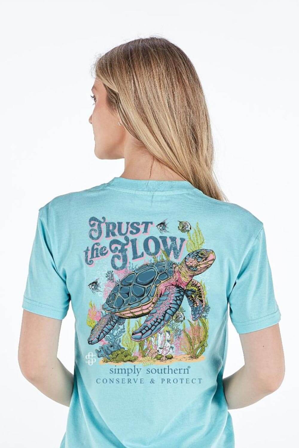 Simply Southern Womens T-Shirts Trust The Flow Track T-Shirt for Women in Wash Aqua Blue