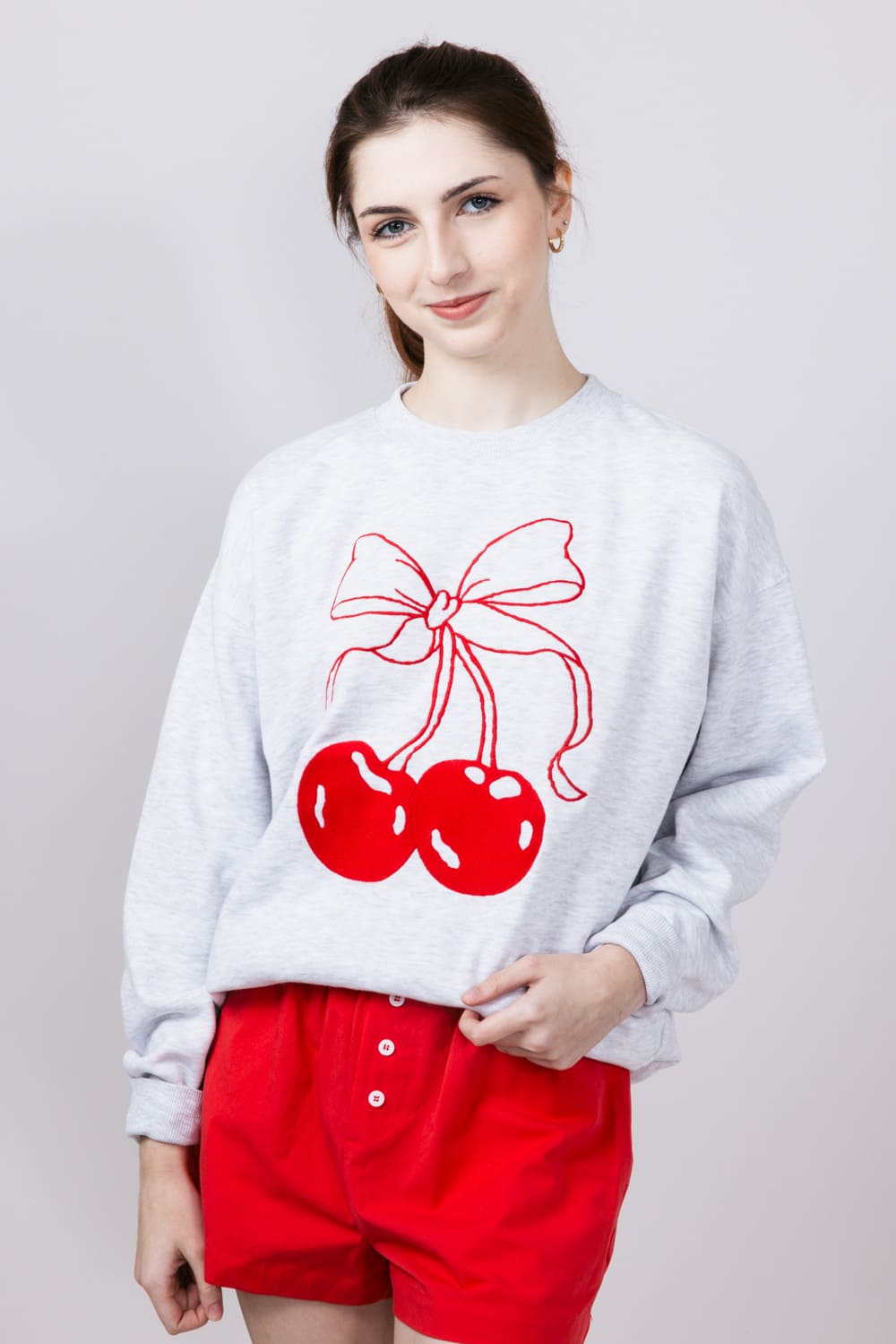 1897 Active Embroidered Cherry And Bow Fleece Sweatshirt for Women in Ice Grey