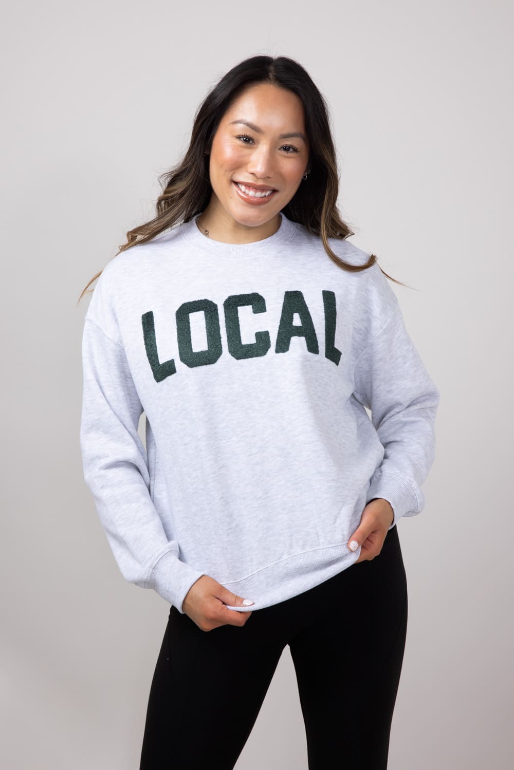 1897 Active Local Chenille Patched Fleece Crewneck for Women in Ice Grey