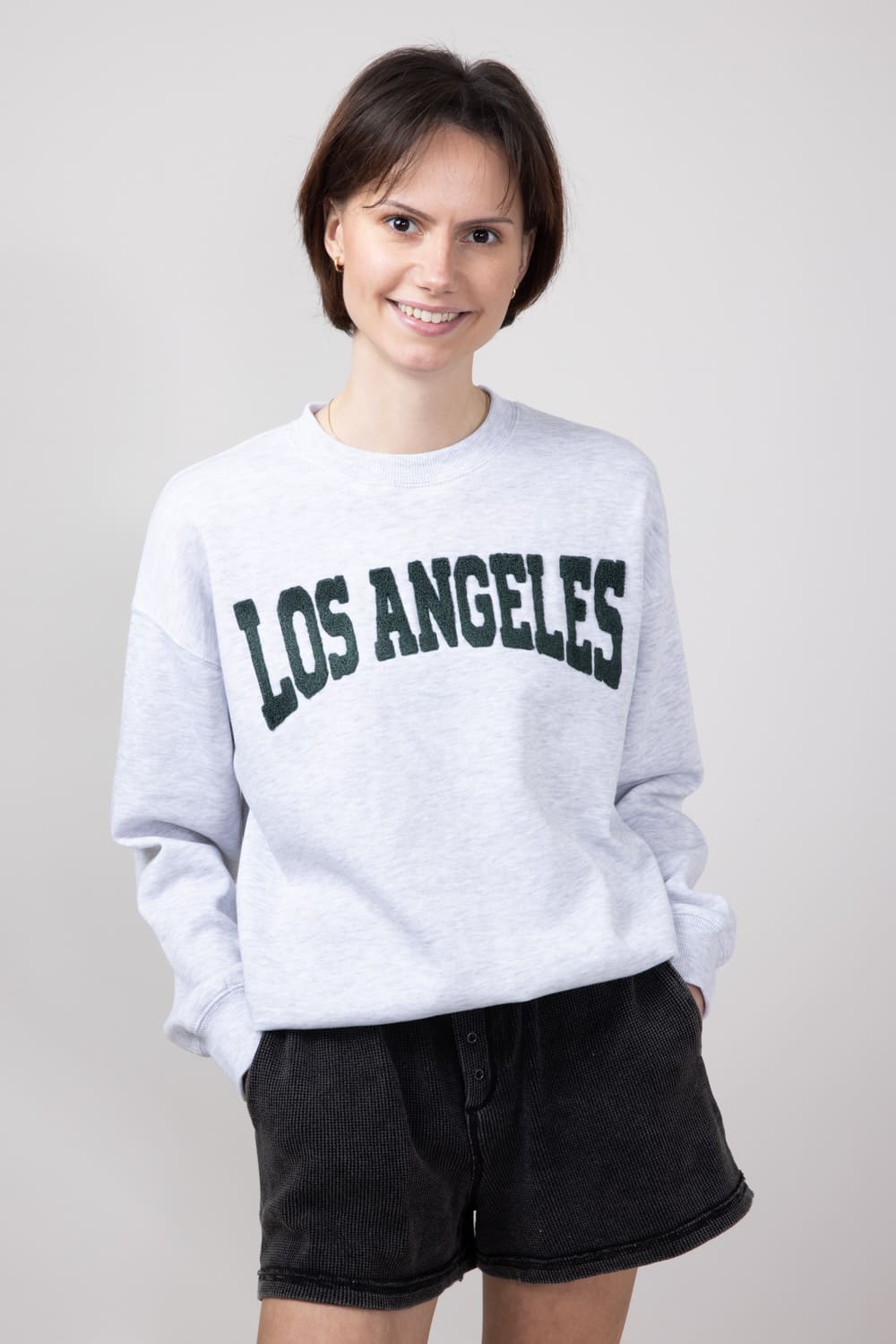 1897 Active Los Angeles Chenille Patched Fleece Crewneck for Women in Ice Grey