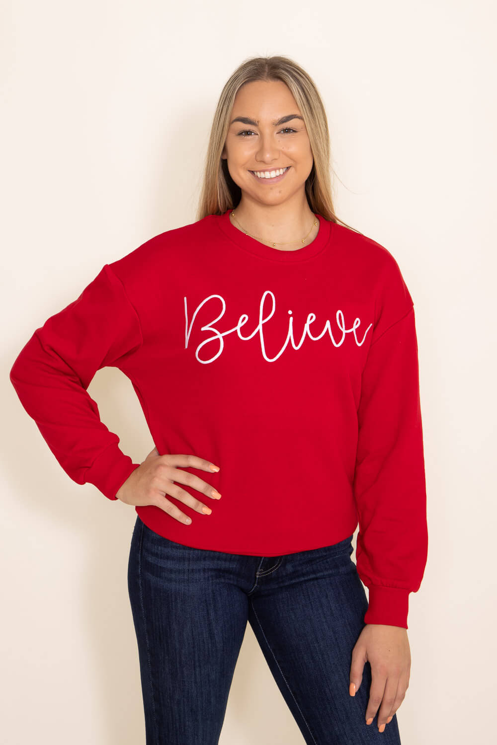 1897 Active Believe Embroidered  Fleece Sweatshirt for Women in Red