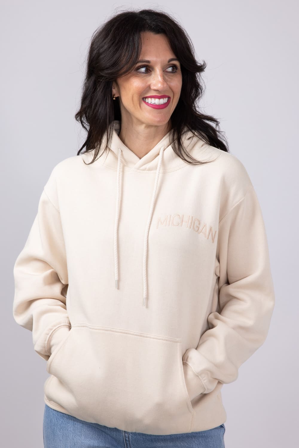 1897 Active Michigan Embroidered Hoodie for Women in Cream