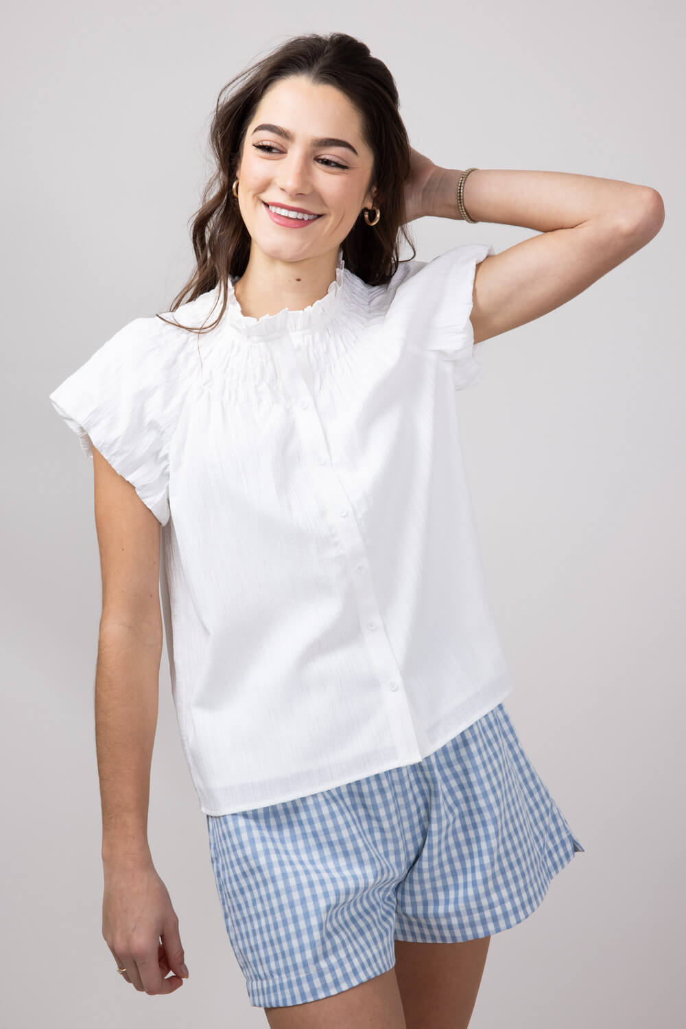 Acoa V-Neck Front Button Top for Women in White