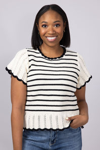 Crochet Stripe Flutter Sleeve Sweater Top for Women in Natural/Black