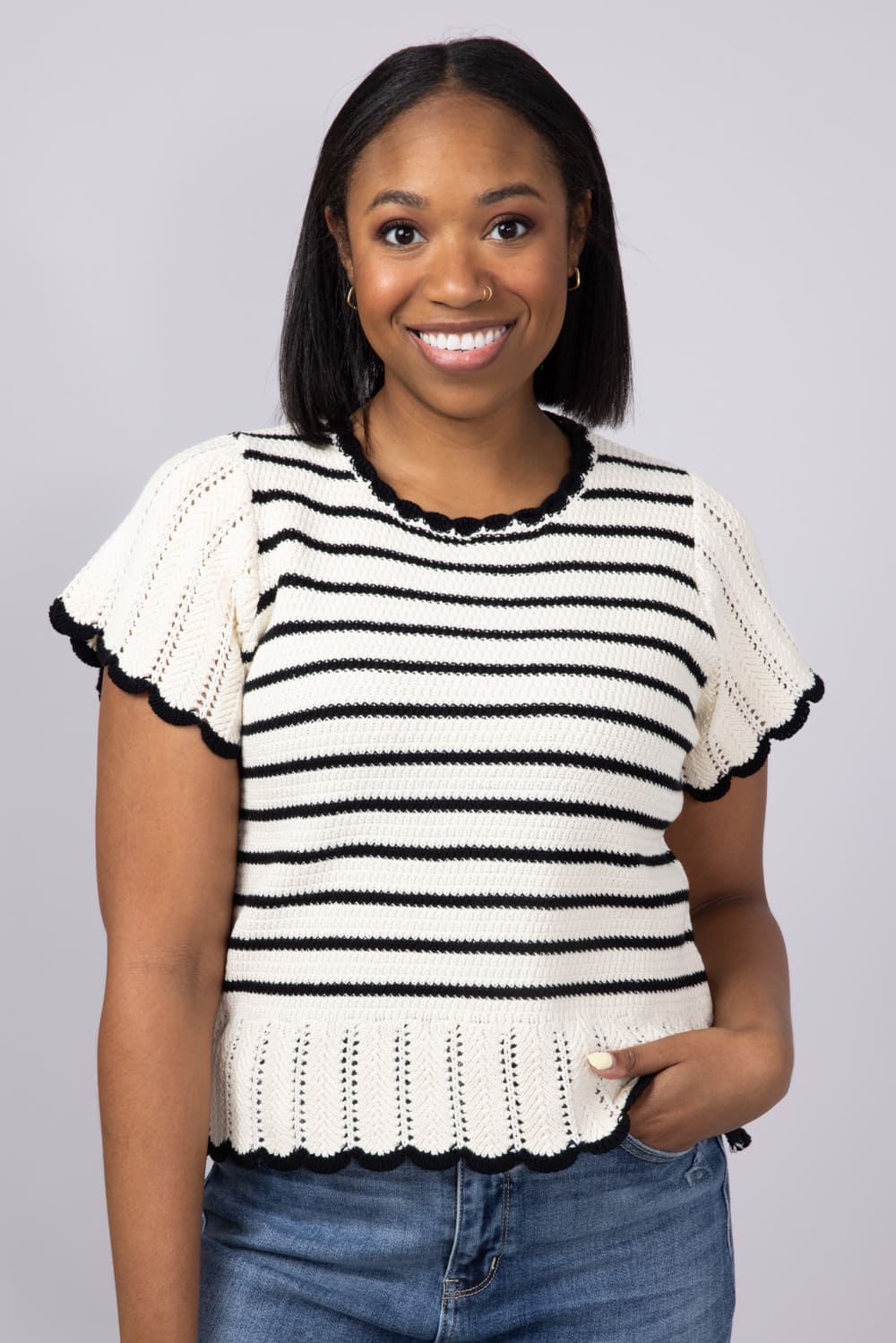 Crochet Stripe Flutter Sleeve Sweater Top for Women in Natural/Black