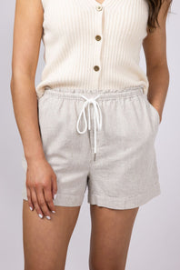 Pinstripe Drawstring Linen Shorts for Women in Khaki