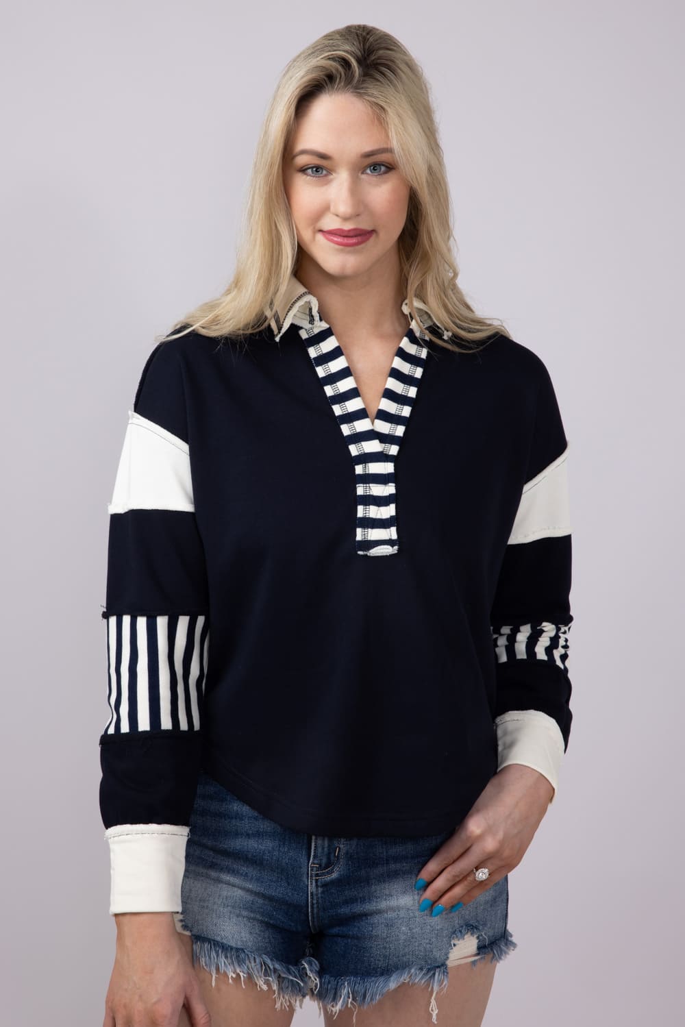 Blu Pepper Color Block Knit Top for Women in Navy