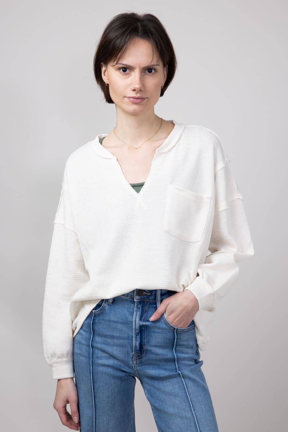 Blu Pepper Notched V-neck Knit Top for Women in Oatmeal
