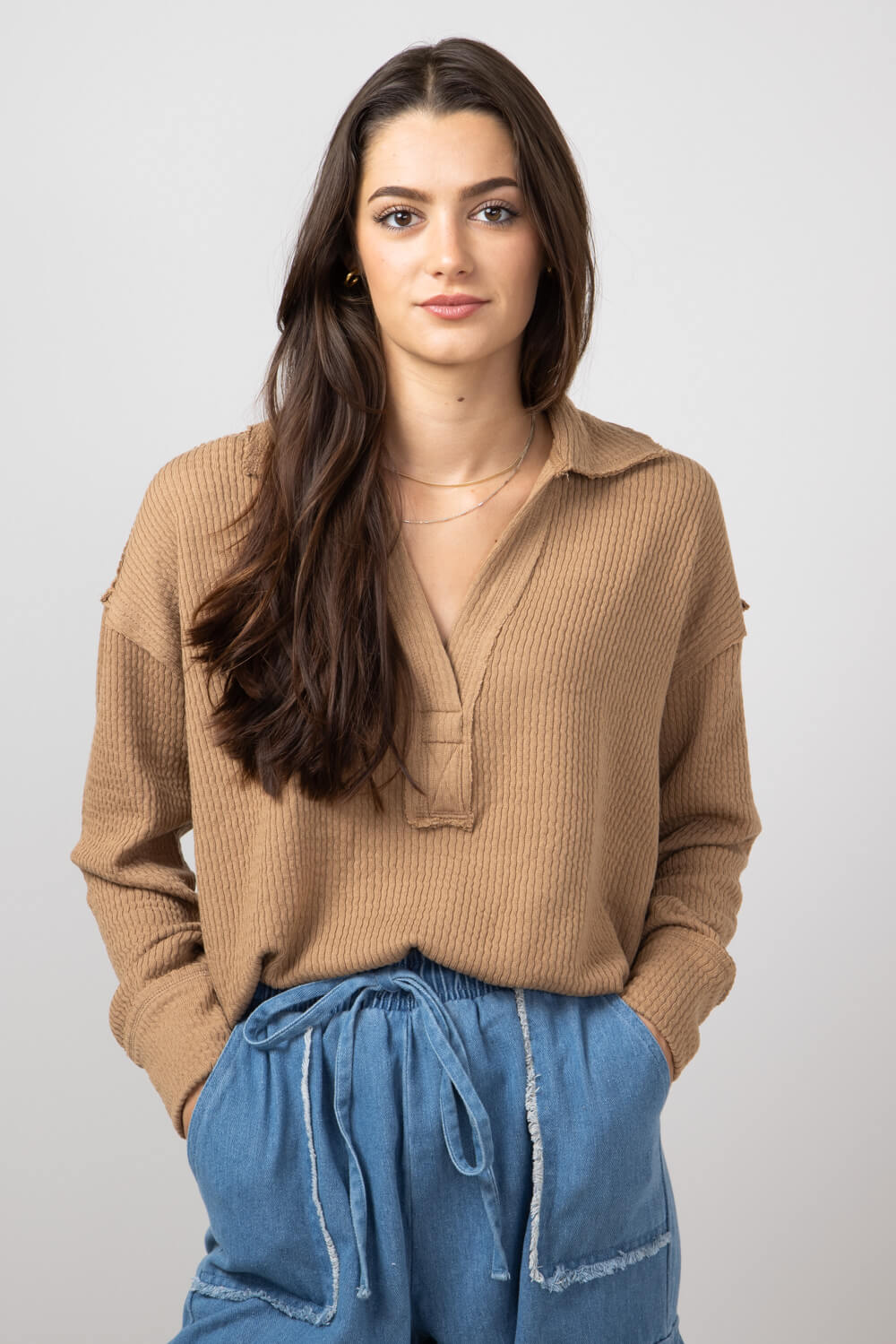 Blu Pepper Ribbed Knit Johnny Color Polo Shirt for Women
