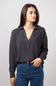 Blu Pepper Ribbed Knit Johnny Collar Polo Shirt for Women in Charcoal