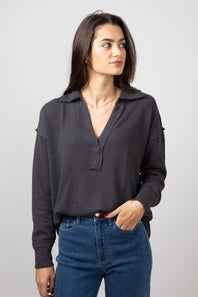 Blu Pepper Ribbed Knit Johnny Color Polo Shirt for Women