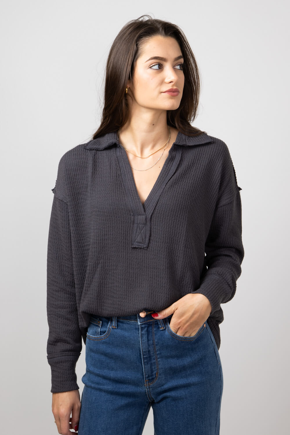Blu Pepper Ribbed Knit Johnny Color Polo Shirt for Women