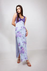 Mesh Floral Print Lace Detail Maxi Dress for Women in Light Blue