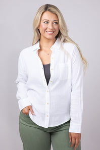 C&C California Alaina Gauze Relaxed Button Front Shirt for Women in White