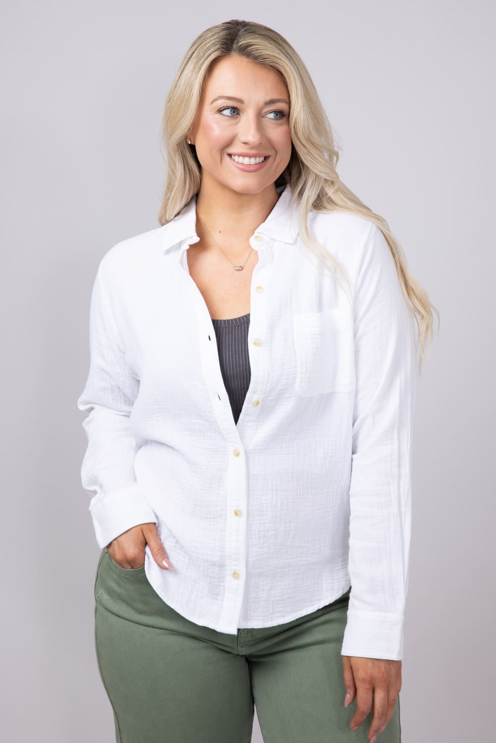 C&C California Alaina Gauze Relaxed Button Front Shirt for Women in White