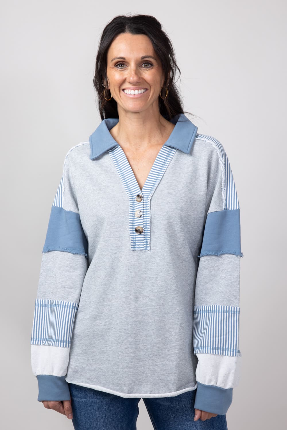 Color Block Oversized Knit Top for Women in Heather Grey