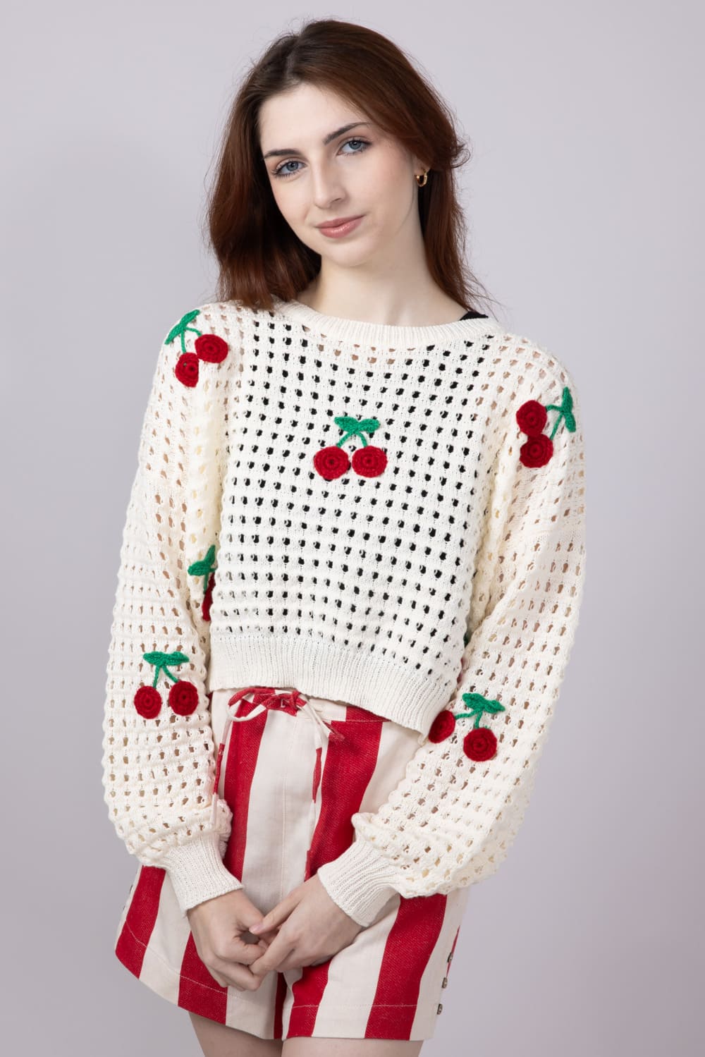 Mesh Cherry Sweater for Women in Ivory