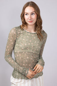 Ditsy Floral Sheer Layering Top for Women in Olive