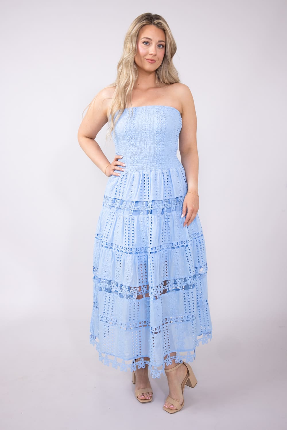 Eyelet Lace Strapless Midi Dress for Women in Blue