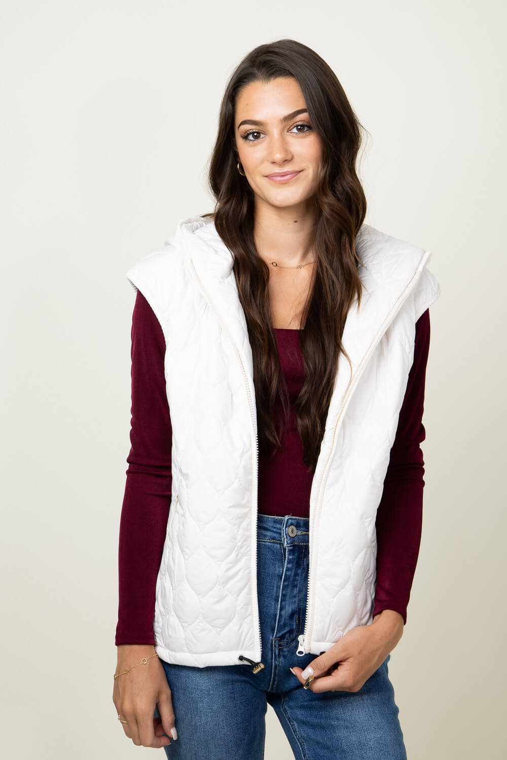 Hooded Quilted Zipper Puffer Vest for Women in Beige