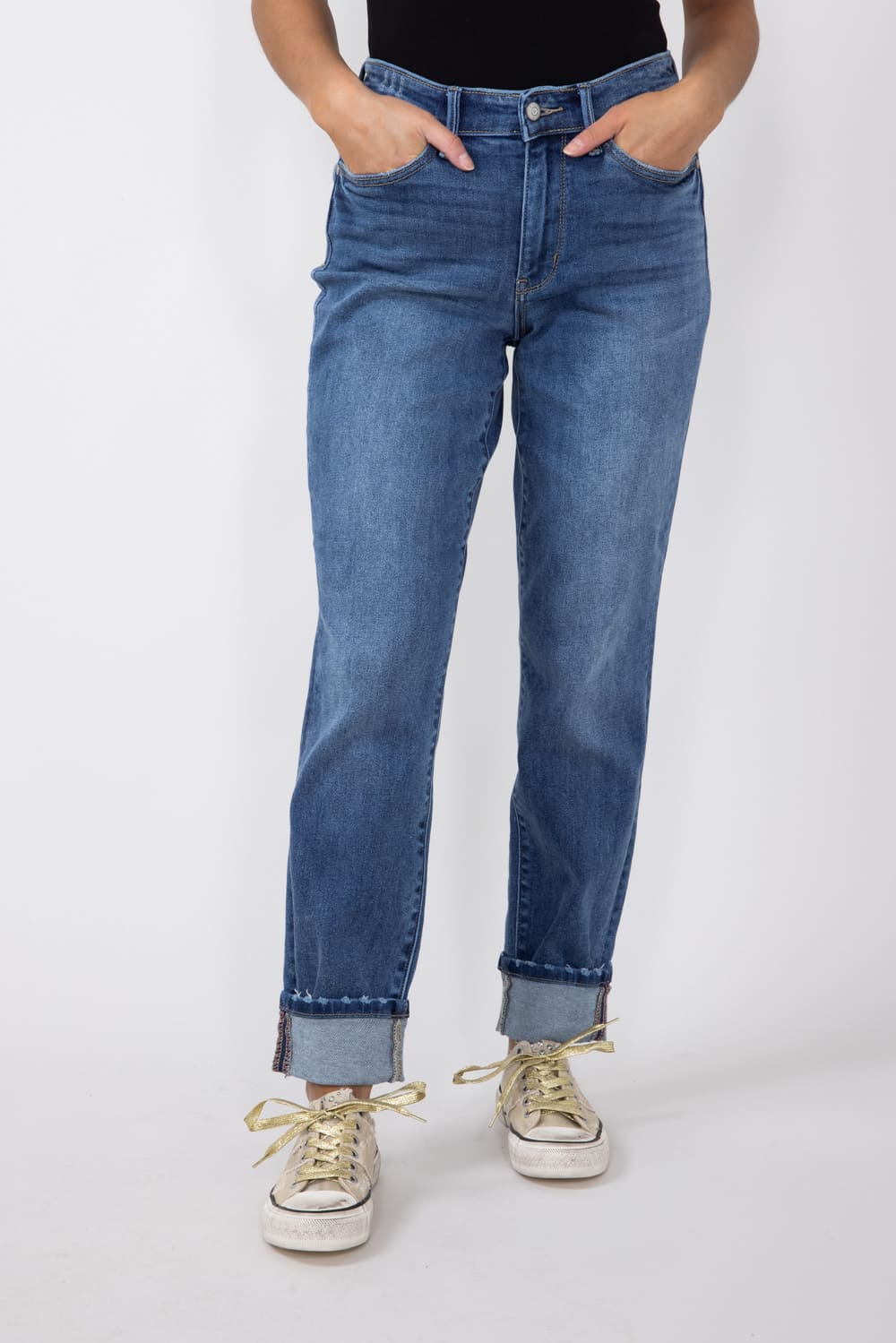 Judy Blue Mid-Rise Dark Wash Cuffed Boyfriend Jeans for Women