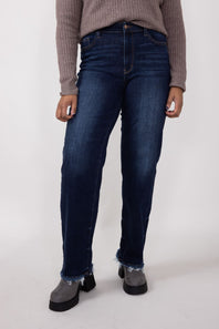 Judy Blue Midrise Dark Was Straight Frayed Hem Jeans for Women 