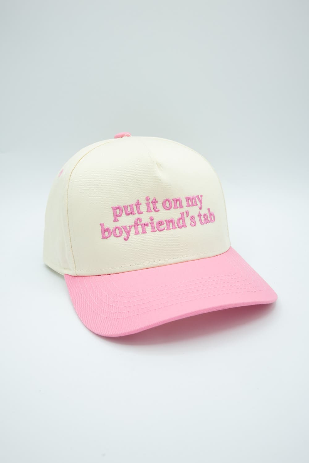 Put It On My Boyfriend’s Tab Trucker Hat for Women in Pink/Tan