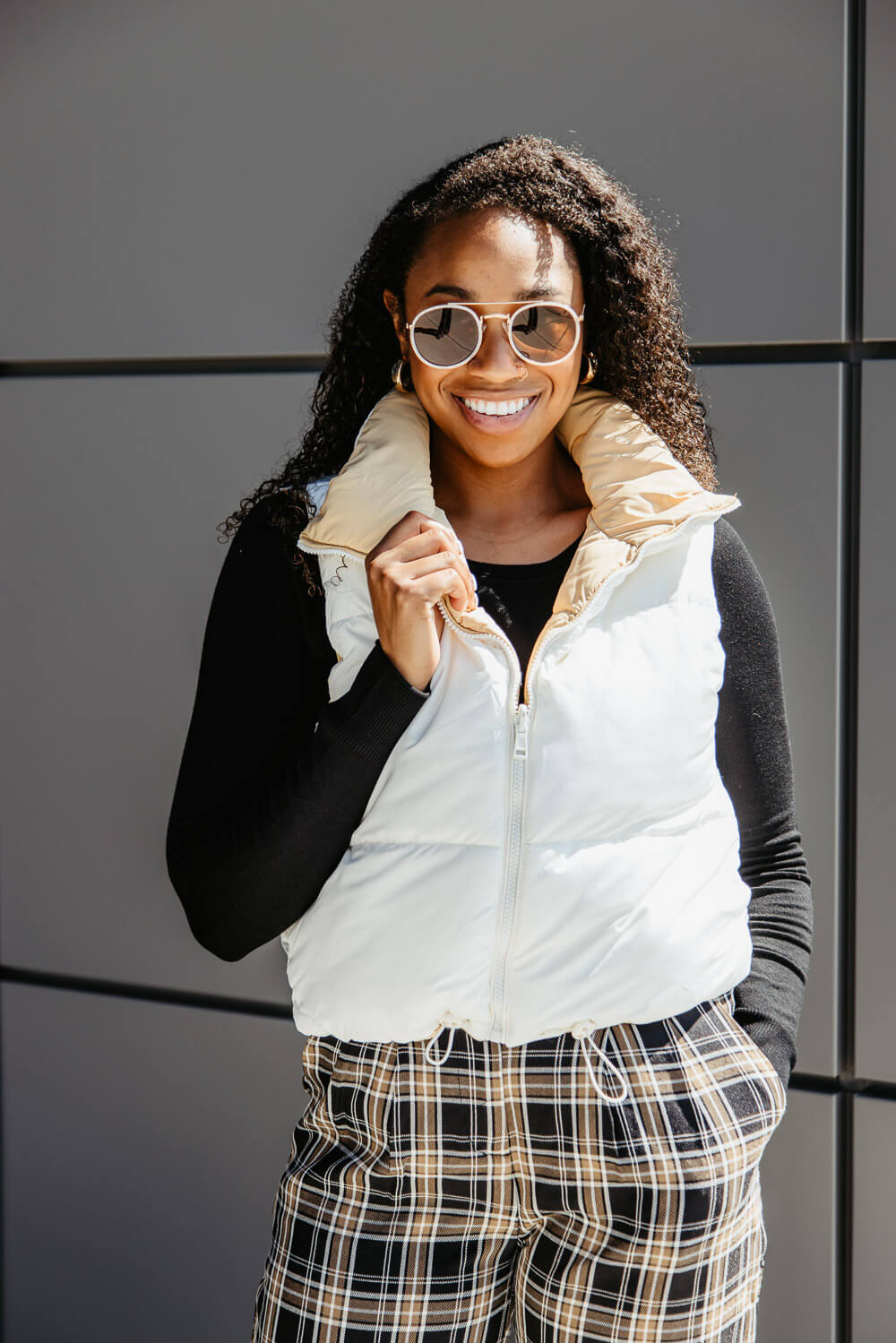 Love Tree Cropped Reversible Puffer Vest for Women in Ivory/Brown