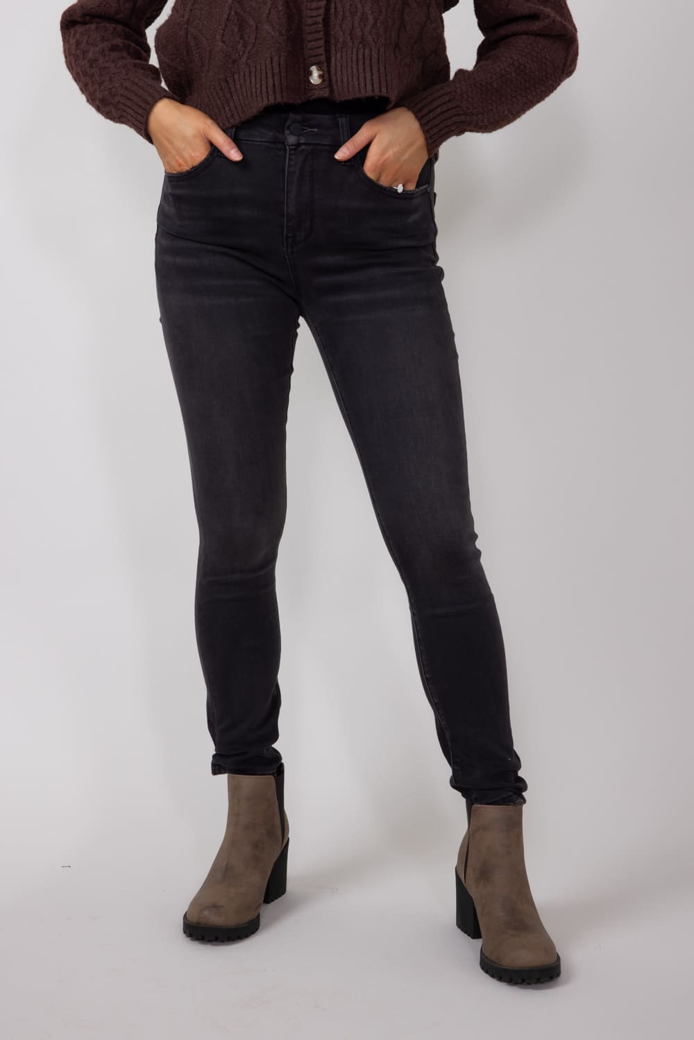Mica High Rise Distressed Ankle Skinny Jeans for Women in Black
