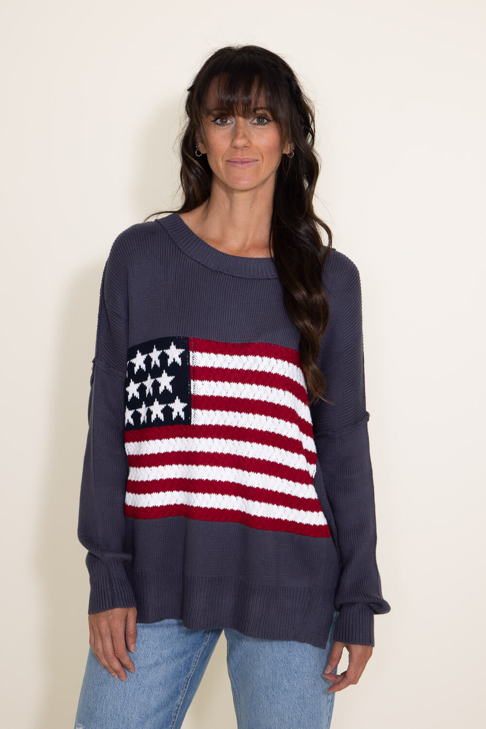 Miracle Clothing Knit American Flag Sweater for Women in Navy