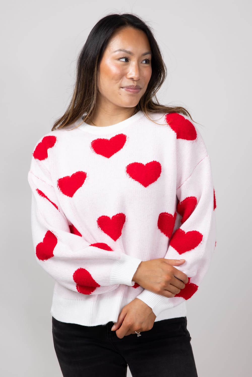 Miracle Multi Heart Sweater for Women in Ivory/Red