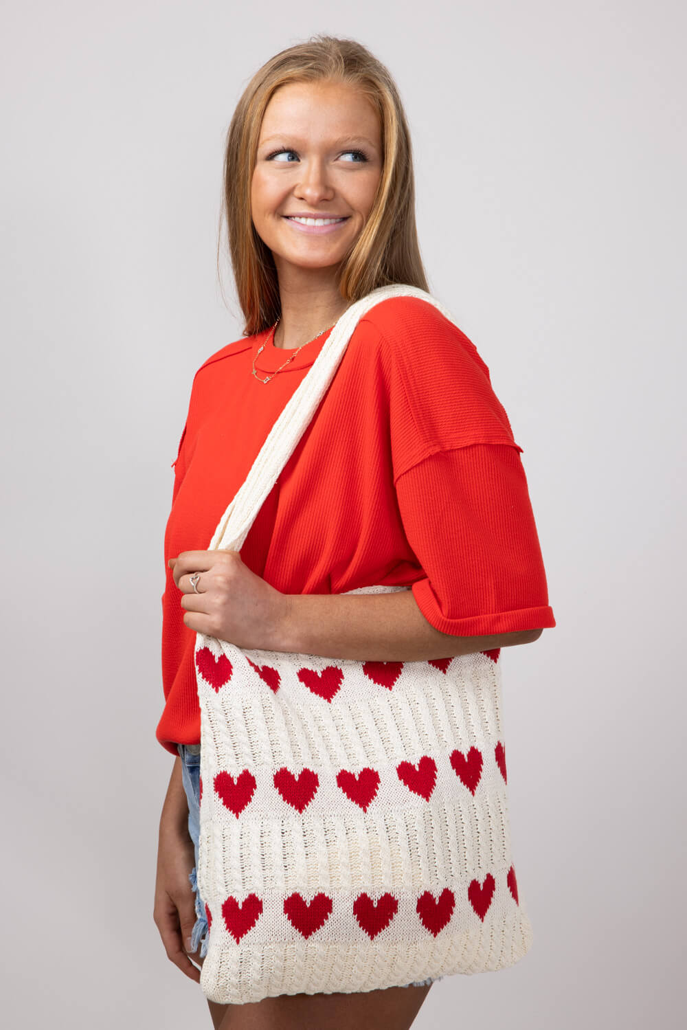 Red Heart Sweater Bag for Women in Off White/Red