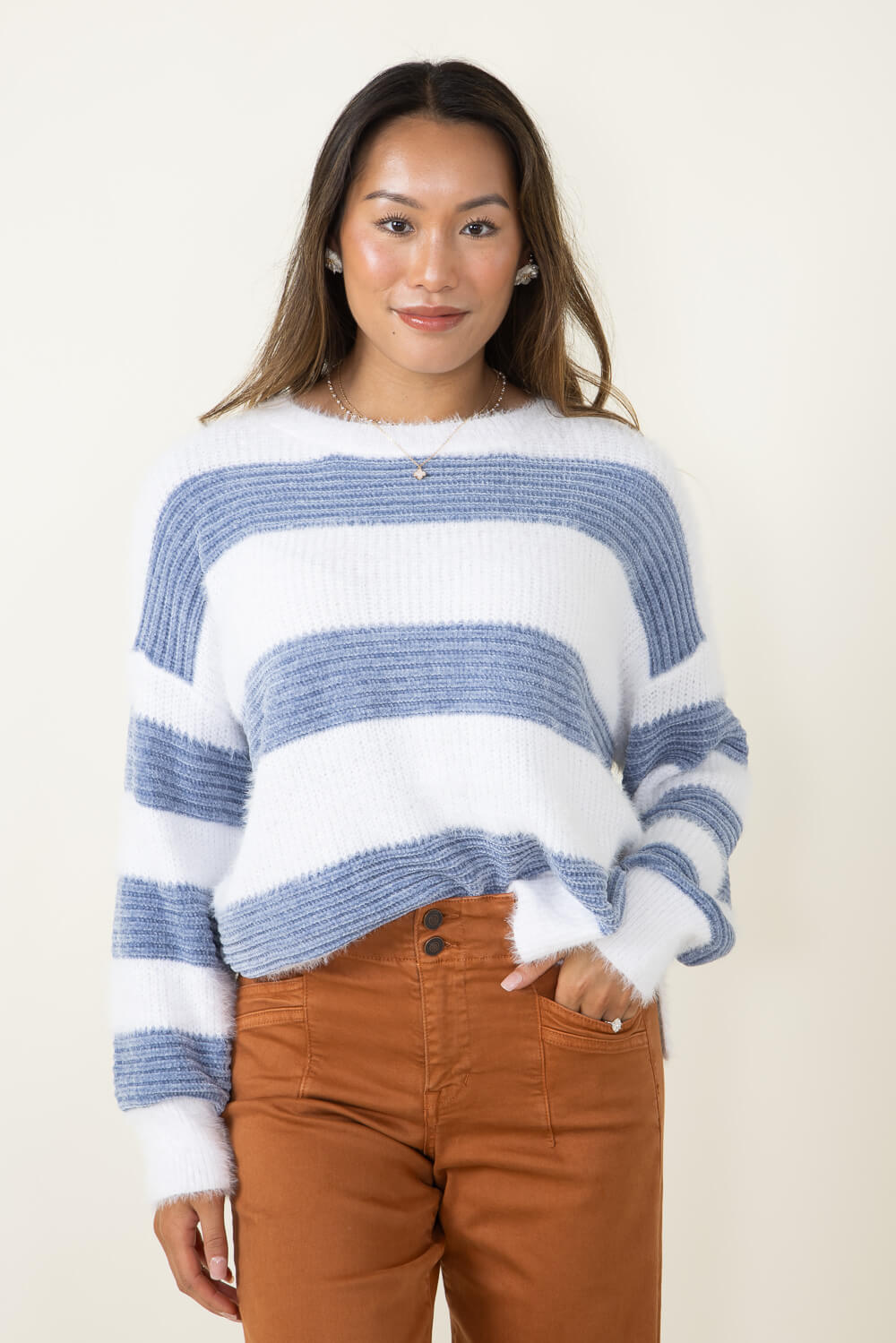 Contrast Stripe Fuzzy Sweater for Women in White/Blue