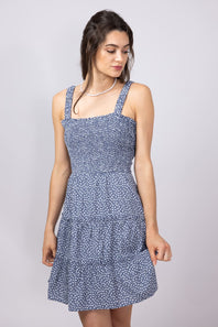 Open Back Elastic Band Mini Dress for Women in Blue Floral