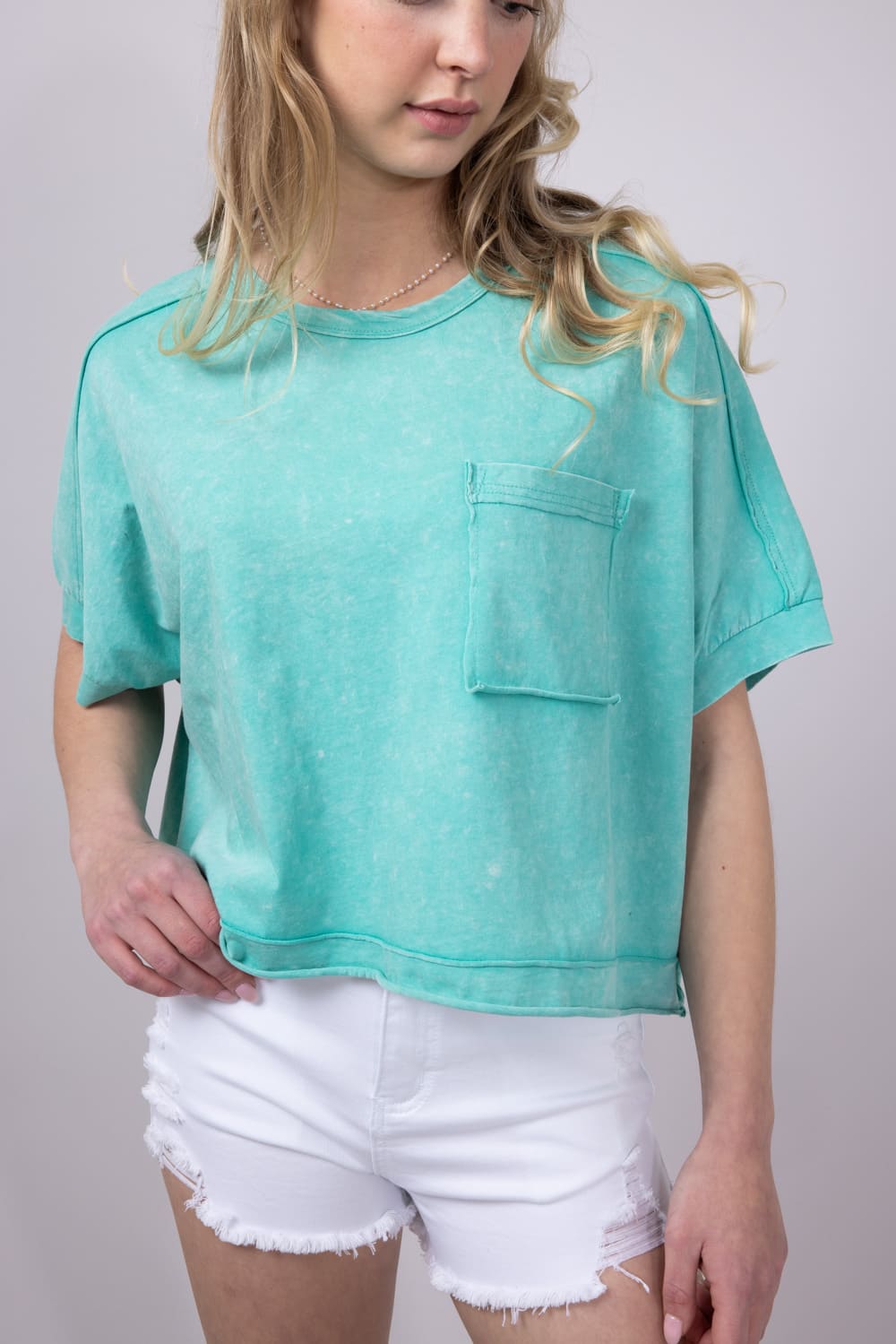 Oversized Cropped Mineral Wash Knit T-Shirt for Women in Paradise Green