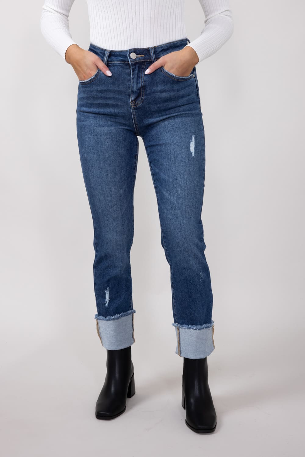Risen High-Rise Cropped Cuffed Straight Leg Jeans for Women
