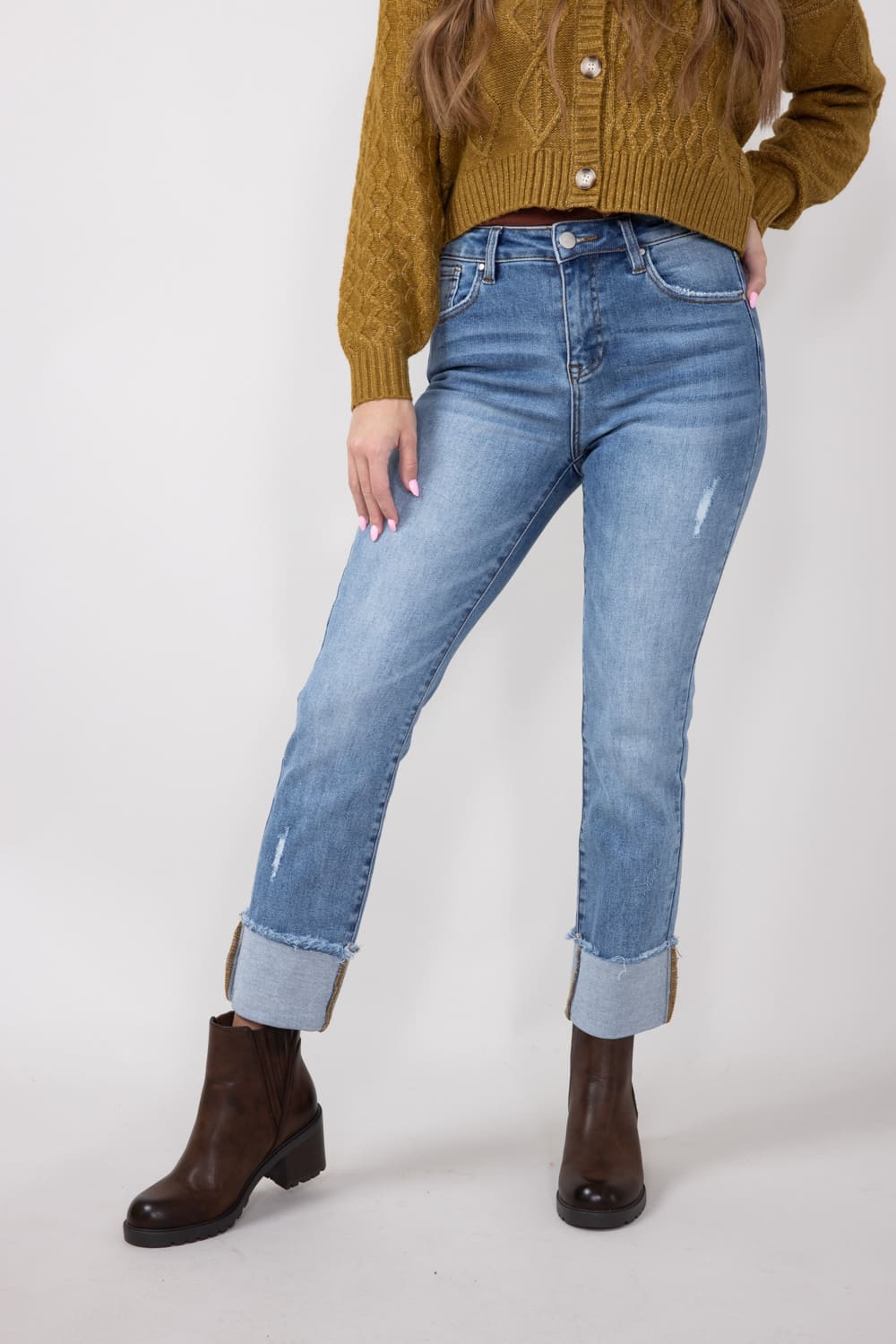 Risen High Rise Cuffed Straight Leg Jeans for Women