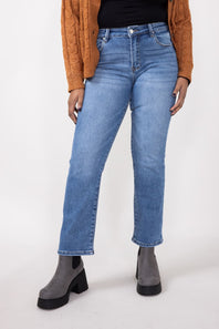 Mid-Rise Medium Wash Straight Leg Jeans for Women