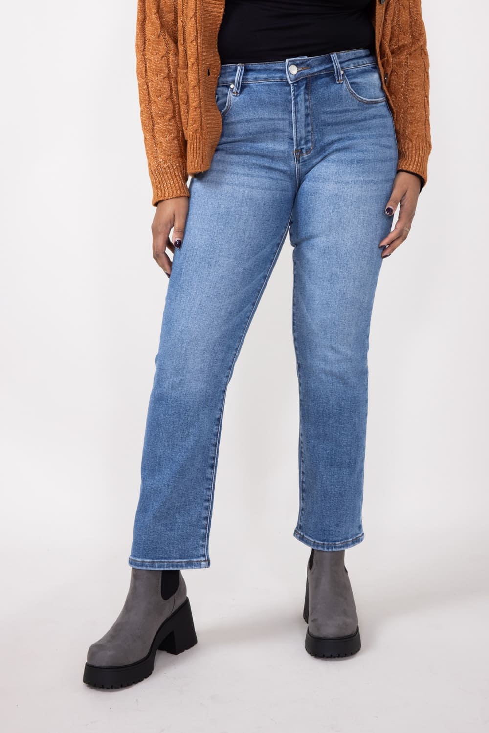 Mid-Rise Medium Wash Straight Leg Jeans for Women