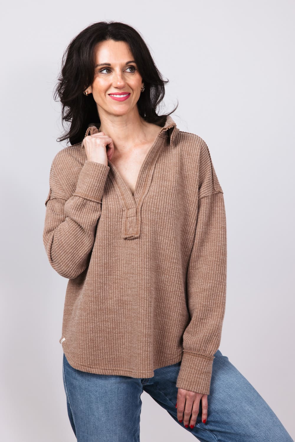 Simply Southern V-neck Collar Top for Women in Sand