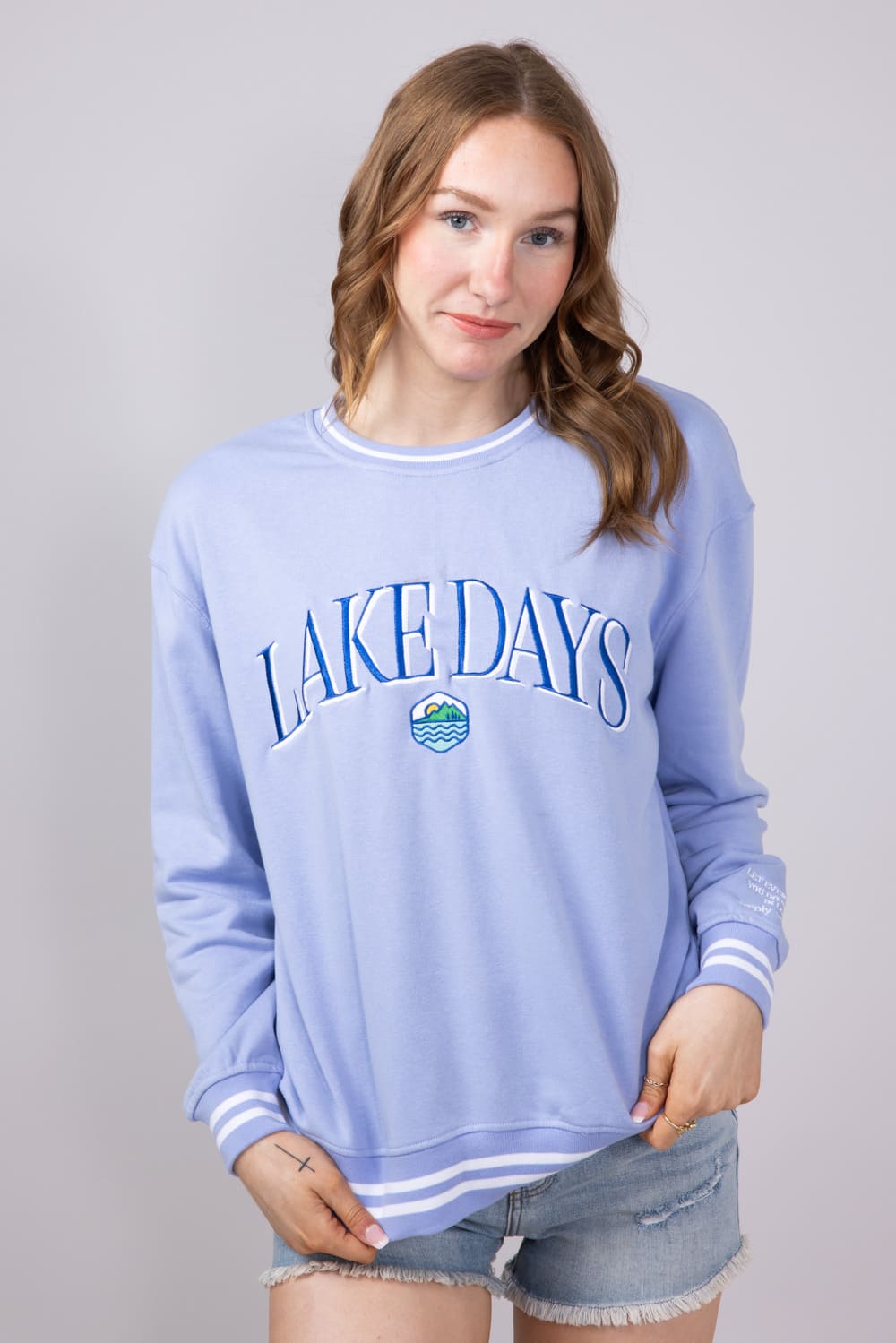 Simply Southern Womens Lake Days Varsity Crew Sweatshirt for Women in Blue