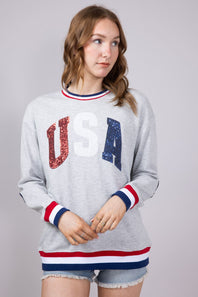 Womens Simply Southern Sequined USA Varsity Crew Sweatshirt for Women in Grey